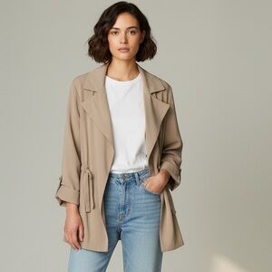 Roman Beige Trench Jacket Tie Waist Long Sleeve Collar Lapel Lightweight Utility